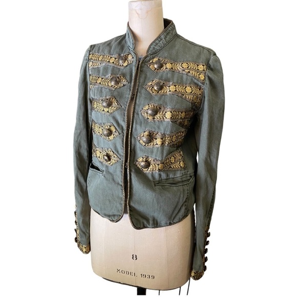 Excellent condition Free People military olive ribbon embroidered jacket small